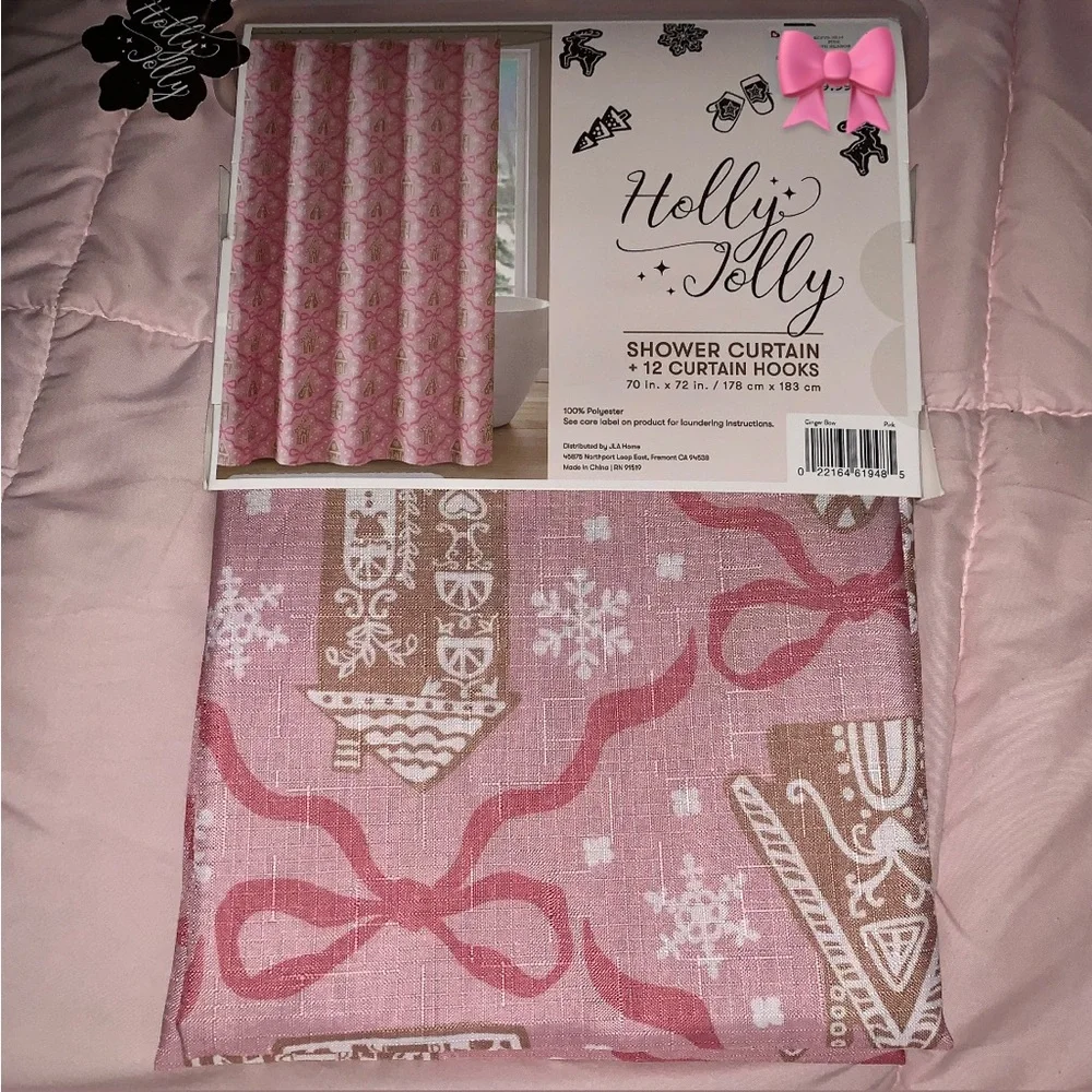 NEW Holly Jolly Pink Coquette Gingerbread Shower Curtain & Hooks NWT